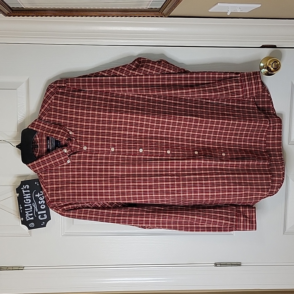 Saddlebred Large Button Up Shirt Red Brown Tan Plaid
